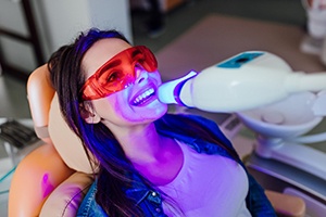 Female patient smiling during in-office teeth whitening treatment