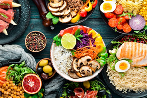 Variety of nutritious foods viewed from above