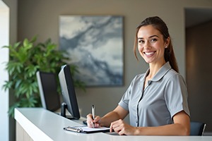 Smiling dental team member standing behind front desk