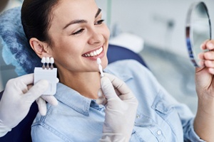 Dentist using shade guide as part of smile makeover process