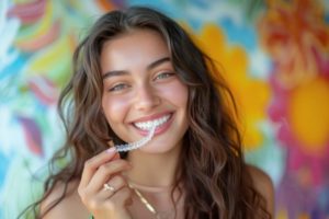 Happy young woman holding Invisalign aligner