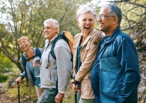 Healthy group of seniors walking outdoors